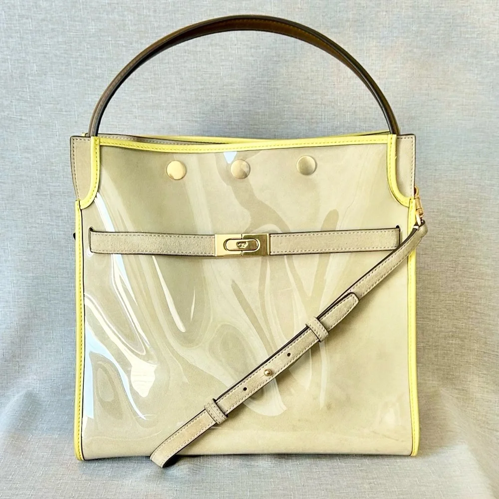 Tory Burch Large Lee Radziwill Beige and Yellow Patent Raincoat Satchel